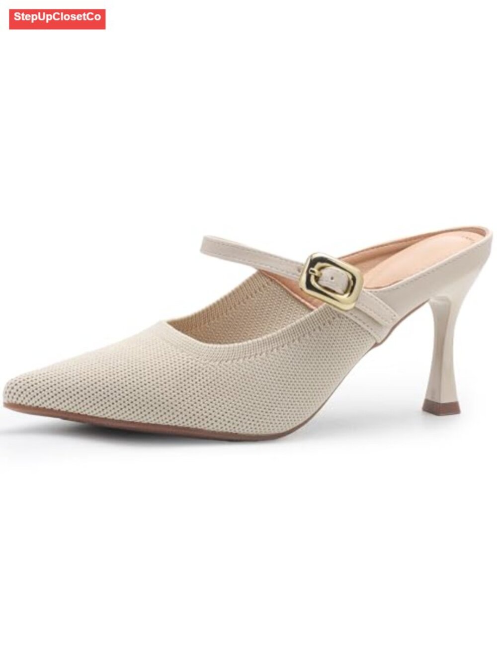 Women's Knit Kitten Heel Mules Pointed Closed Toe Slip On